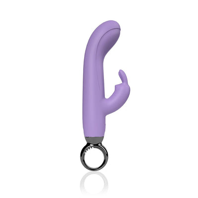 Purple silicone rabbit vibrator with curved shaft, flexible ears, and black circular handle on white background.