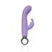 Purple silicone rabbit vibrator with curved shaft, flexible ears, and black circular handle on white background.
