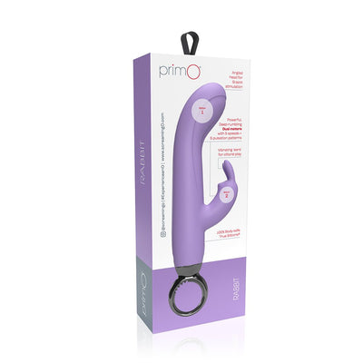 Purple Screaming O Primo Rabbit vibrator in packaging highlighting dual motors, angled head, and flexible rabbit ears with ergonomic handle ring.