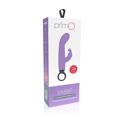 Packaging box of Screaming O Primo Rabbit rechargeable silicone vibrator in purple with product image and warranty badge.