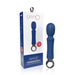 Blue rechargeable silicone wand vibrator with ergonomic handle and packaging box showing product details and warranty badge.