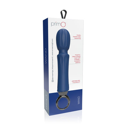 Blue Screaming O Primo Wand vibrator with flexible head and ring handle displayed in white and blue packaging.