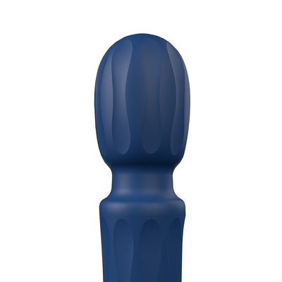 Close-up of the deep blue Screaming O Primo Wand vibrator head with textured silicone surface.