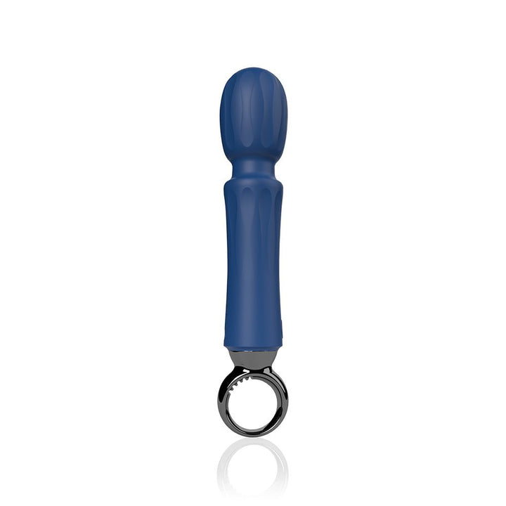 Blue rechargeable mid-sized wand vibrator with textured head and circular handle base on white background.