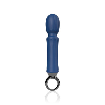 Blue rechargeable mid-sized wand vibrator with textured head and circular handle base on white background.