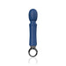 Blue rechargeable mid-sized wand vibrator with textured head and circular handle base on white background.