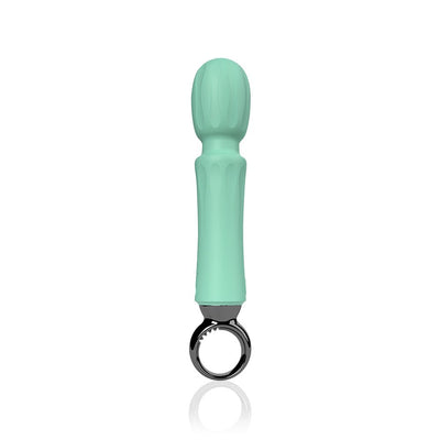 Mint green rechargeable wand vibrator with textured head and ergonomic ring handle on white background.