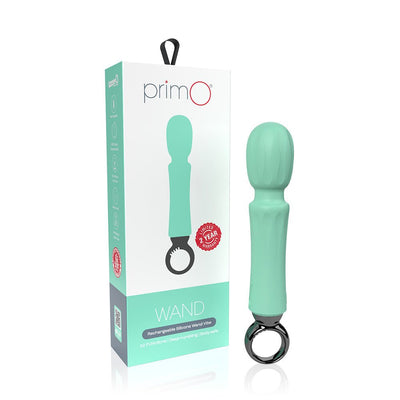 Mint green rechargeable silicone wand vibrator with ergonomic loop handle and packaging box showing product details.