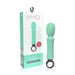 Mint green rechargeable silicone wand vibrator with ergonomic loop handle and packaging box showing product details.
