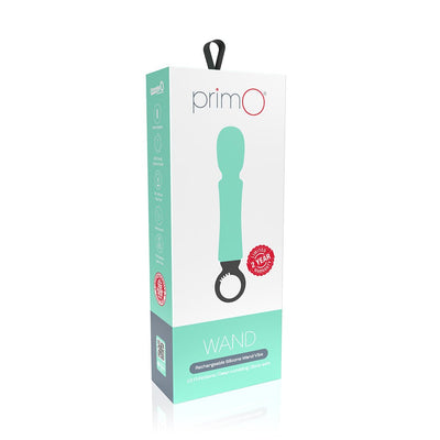 Packaging box of Screaming O Primo Wand rechargeable silicone wand vibrator in mint green and white with product image and warranty badge.