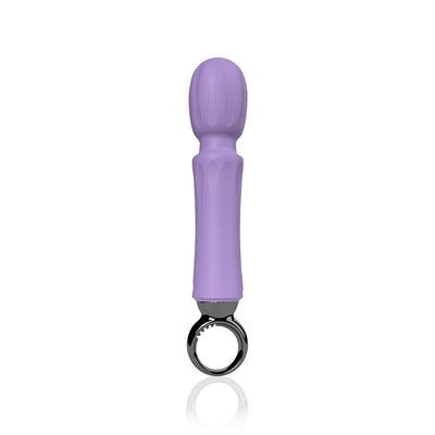 Purple mid-sized rechargeable wand vibrator with textured head and ergonomic black ring handle on white background.