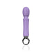 Purple mid-sized rechargeable wand vibrator with textured head and ergonomic black ring handle on white background.