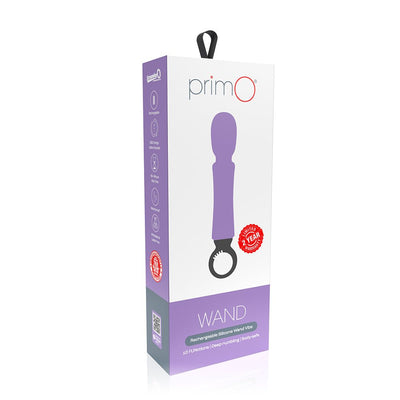 Packaging box of Screaming O Primo Wand vibrator in purple and white with product image and features displayed.