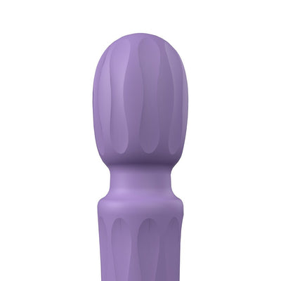 Close-up of the purple Screaming O Primo Wand head with textured silicone surface and ergonomic shape.