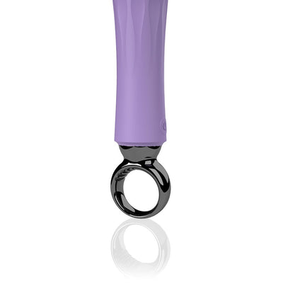 Close-up of the purple Screaming O Primo Wand vibrator handle with a glossy black circular grip ring.