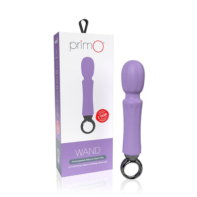 Purple rechargeable silicone wand vibrator with black circular handle next to white and purple product box.