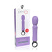 Purple rechargeable silicone wand vibrator with black circular handle next to white and purple product box.