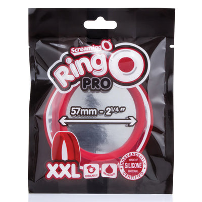 Packaging of Screaming O Ringo Pro XXL red silicone ring, 57mm diameter, reusable and waterproof design.