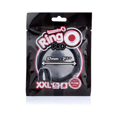 Packaging of Screaming O Ringo Pro XXL silicone ring in black pouch with red and white branding and size details.