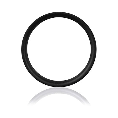 Black silicone stretchy ring with smooth texture and seamless design on white background with reflection.