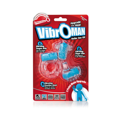 Screaming O VibrOman kit with three blue vibrating mini toys on red packaging for male pleasure enhancement.