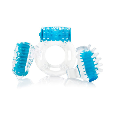 Clear and blue textured vibrating ring and mini vibes set for couples enhancing intimate pleasure.