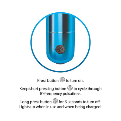 Close-up of blue Nasstoys Secret Lover Classic Vibrator power button with usage instructions for cycling through 10 vibration modes.