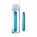 Sleek blue and silver slimline vibrator with 10 vibration functions shown next to its matching retail packaging.