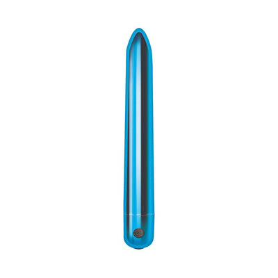 Sleek blue slimline rechargeable vibrator with smooth tapered tip and single button control.