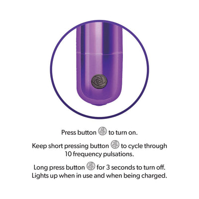 Close-up of purple Nasstoys Secret Lover Classic Vibrator power button with usage instructions for 10 vibration modes and on/off function.