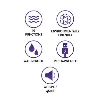 Icons highlighting 10 functions, environmentally friendly, waterproof, rechargeable, and whisper quiet features.