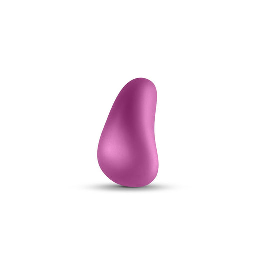 Curved metallic pink personal massager with smooth silicone surface and ergonomic design on white background.