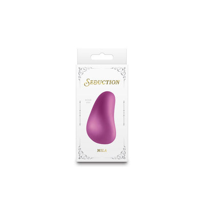 Packaging of Seduction Mila Metallic personal massager in purple with elegant white and gold design showing actual size.