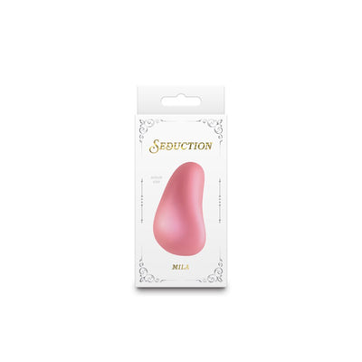 Packaging of Seduction Mila Metallic personal massager in soft pink with elegant white and gold design.