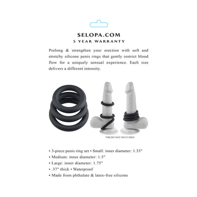 Set of three black silicone cock rings in small, medium, and large sizes shown with product details and usage demonstration on models.
