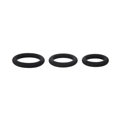 Set of three black silicone cock rings in small, medium, and large sizes displayed on a white background.