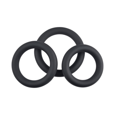 Set of three black silicone cock rings in small, medium, and large sizes arranged on a white background.