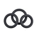 Set of three black silicone cock rings in small, medium, and large sizes arranged on a white background.