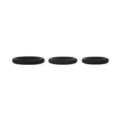 Set of three black silicone cock rings in small, medium, and large sizes displayed on white background.