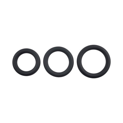 Set of three black silicone cock rings in small, medium, and large sizes arranged side by side on white background.