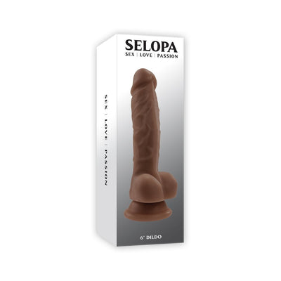 Selopa 6-inch dark brown realistic dildo with suction base displayed on white and gray packaging box.