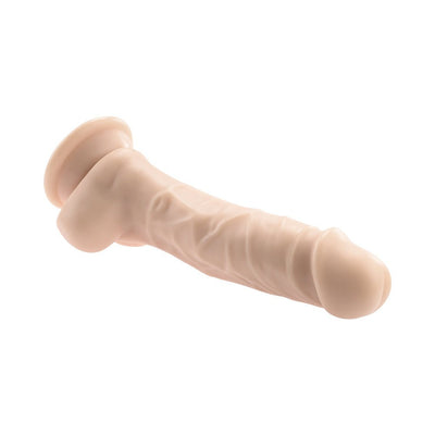 Realistic 6-inch light beige dildo with detailed veins, crowned head, balls, and suction cup base for hands-free use.