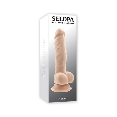 Selopa 6-inch realistic dildo in light skin tone with suction cup base displayed on product packaging box.