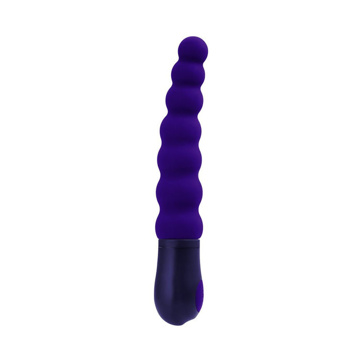 Purple silicone vibrator with beaded texture and curved design, featuring a single-button control at the base.