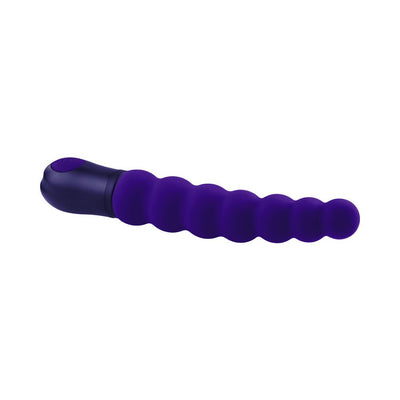 Purple silicone vibrator with beaded texture and curved design, featuring a single-button control on the handle.