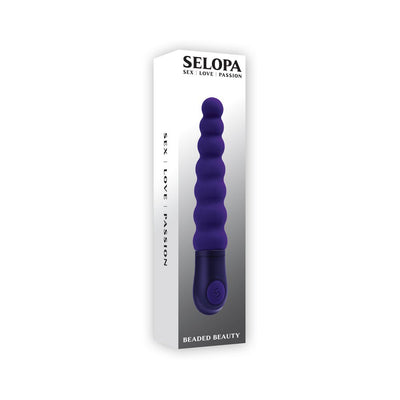 Purple silicone beaded vibrator with flexible arched design and single-button control shown with Selopa branded packaging.