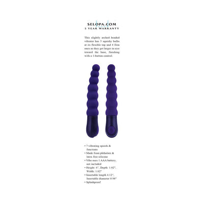 Purple silicone beaded vibrator with 7 vibrating speeds, flexible arched design, and one-button control, splashproof and phthalate-free.