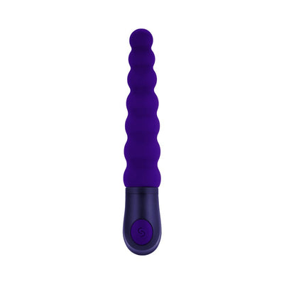 Purple silicone vibrator with beaded texture and single-button control on dark purple base.