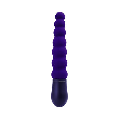 Purple silicone vibrator with a beaded, arched design and a dark base featuring a single button control.