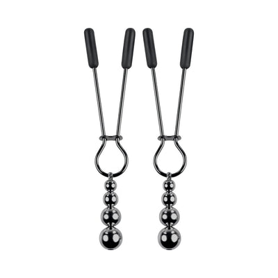 Pair of black chrome stainless steel beaded nipple clamps with soft black tips and hanging weighted beads.